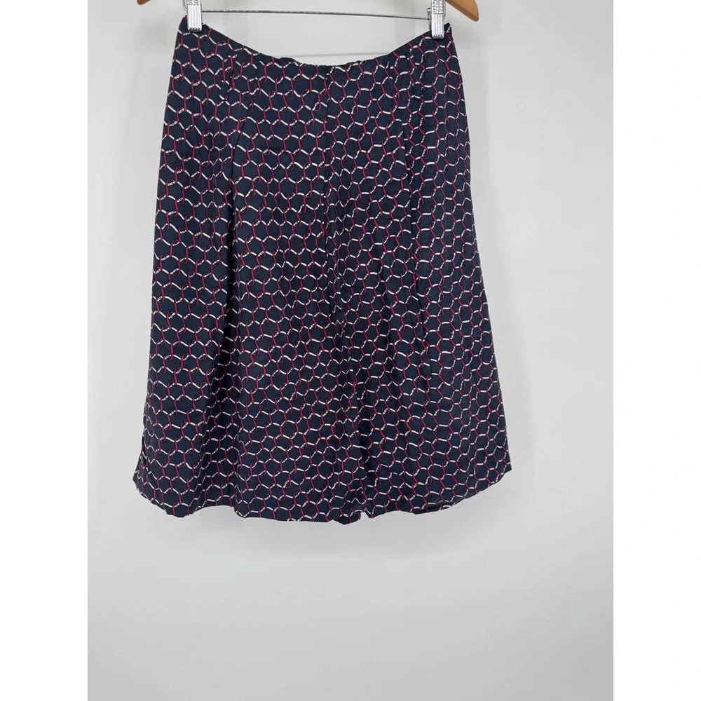 Talbots Pure Silk A-Line Skirt Navy Red Geometric Chain Link Print Size 8 - Picture 2 of 8